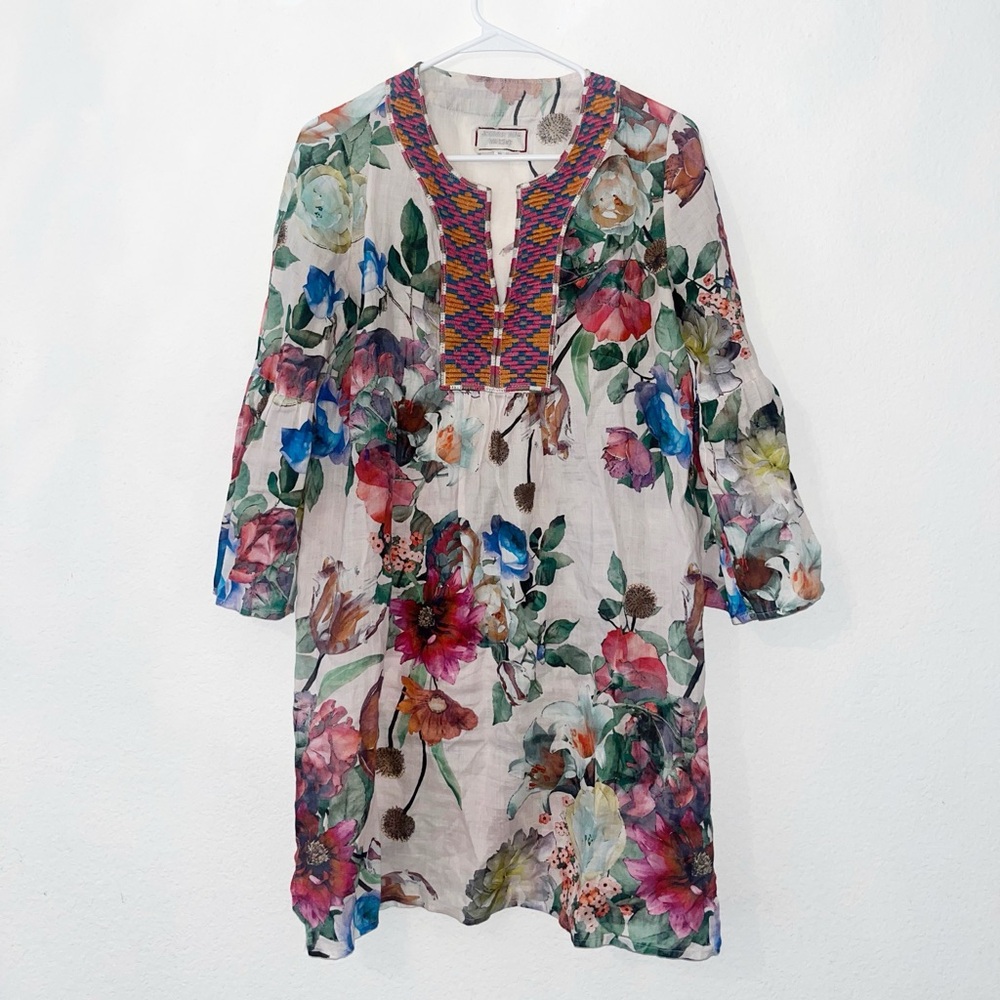 Johnny Was Workshop Flare Sleeve Tunic Floral Ramie Linen Dress XS NWOT - Picture 2 of 7